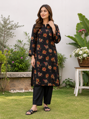 Black Floral 2 Piece Lawn Suit for Women | Digital Printed Lawn Shirt with Plain Dyed Trouser | Summer Collection