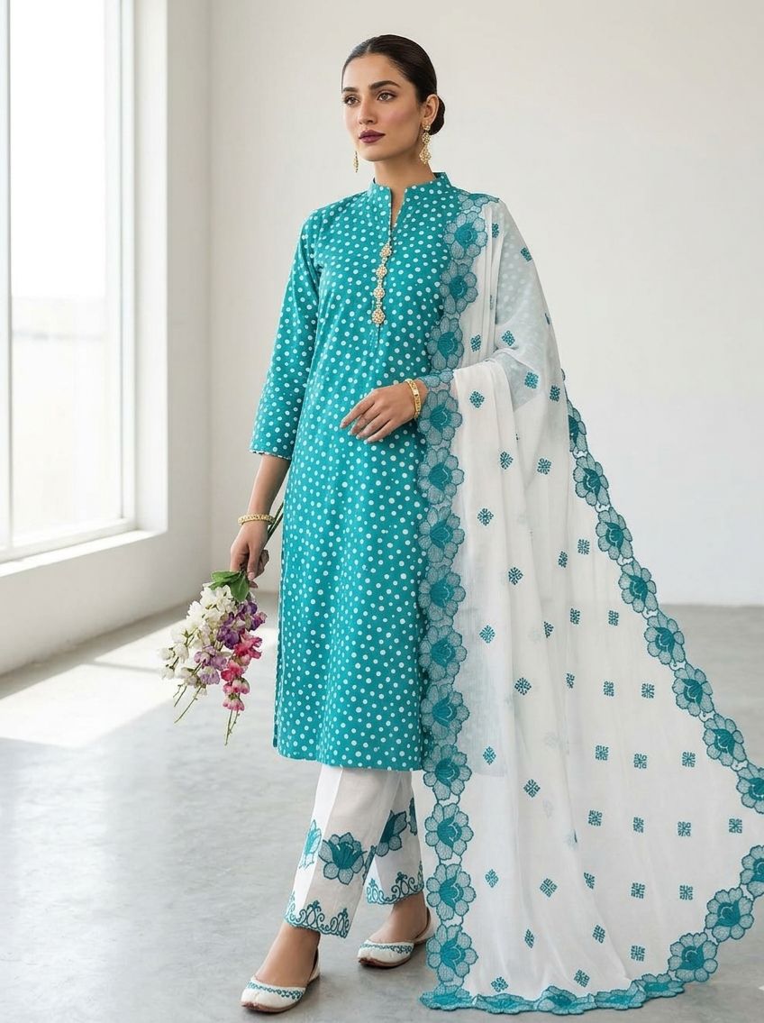 2K26 Heavy Embroidered Lawn 3 Piece Unstitched Suit with Chiffon Dupatta